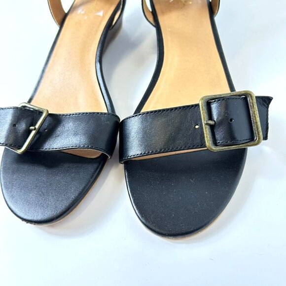 Liendo Anthropologie Black Leather Buckle Ankle Strap Low Wedge Sandals Size 9.5 - Picture 3 of 10